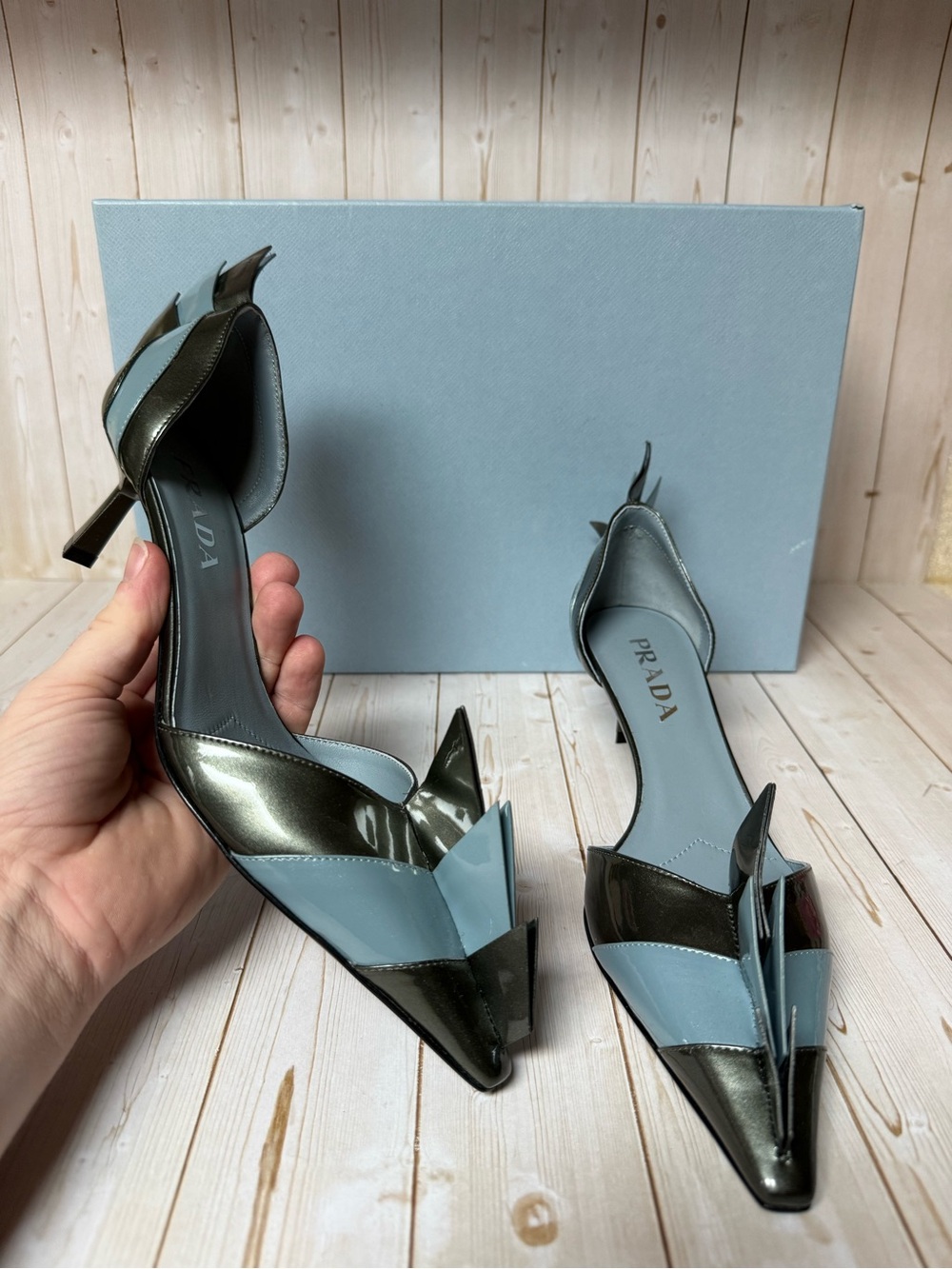 Prada Colorblock Pointed Toe d’Orsay Pumps Blue/Dark Grey Sz 37.5 / 7.5 - Picture 7 of 15